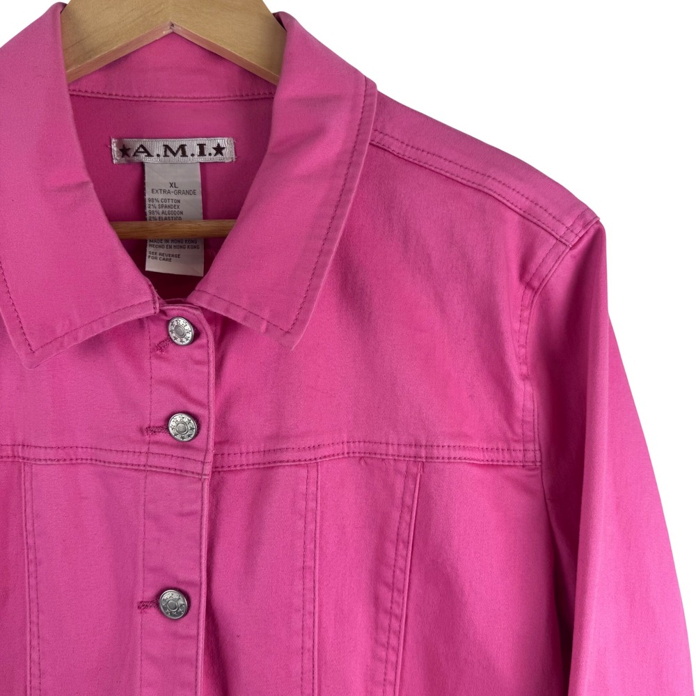 A.M.I. Trucker Jacket Women XL Pink Vintage y2k Stretch Cotton Button Front
